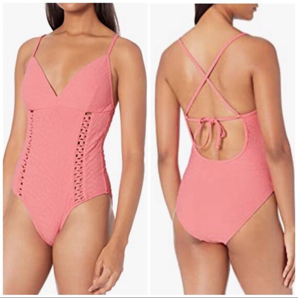 Jessica Simpson V Neck One Piece Swimsuit Pink - Picture 1 of 8